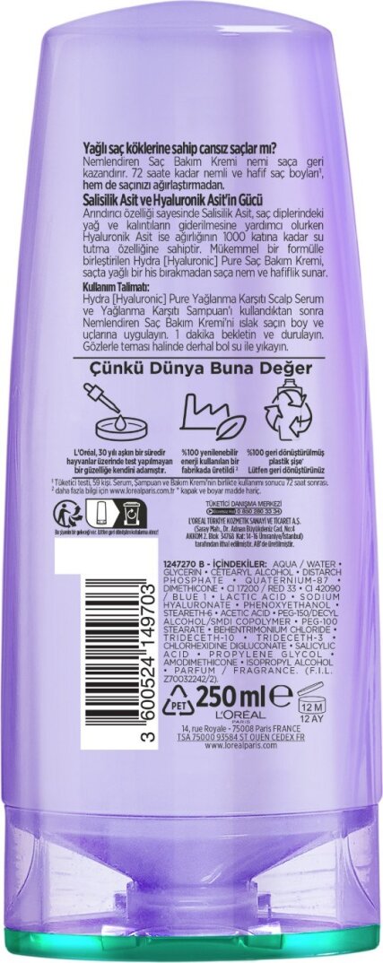Elseve Hydra [Hyaluronic] Pure Salisilik Asit içeren Yağlanma Karşıtı Nemlendirici Saç Kremi 250ml - 6
