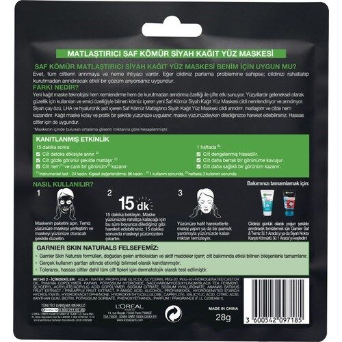 Garnier Skin Naturals Kömürlü Kağıt Yüz Maskesi Siyah Çay - 3