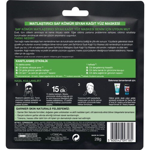 Garnier Skin Naturals Kömürlü Kağıt Yüz Maskesi Siyah Çay - 3