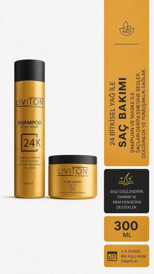 Liviton Professional 24K Gold Serisi Şampuan ve Maske Saç Bakım Seti - Lüks Onarıcı ve Parlatıcı - 1