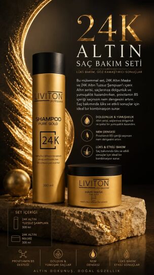 Liviton Professional 24K Gold Serisi Şampuan ve Maske Saç Bakım Seti - Lüks Onarıcı ve Parlatıcı - 2
