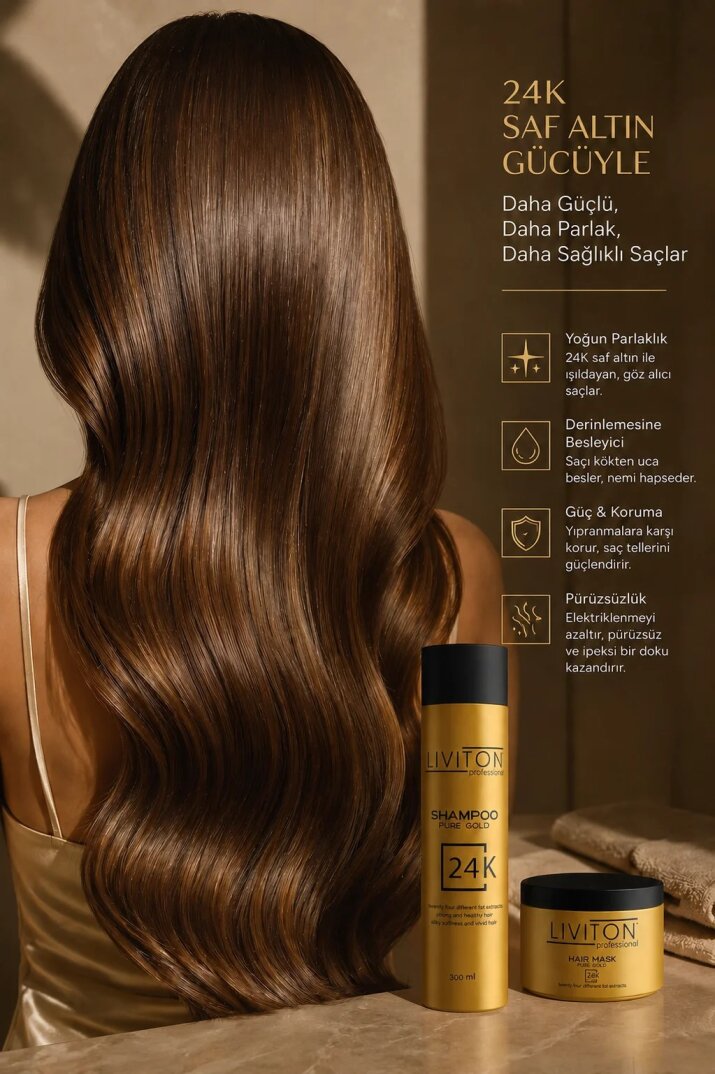 Liviton Professional 24K Gold Serisi Şampuan ve Maske Saç Bakım Seti - Lüks Onarıcı ve Parlatıcı - 3