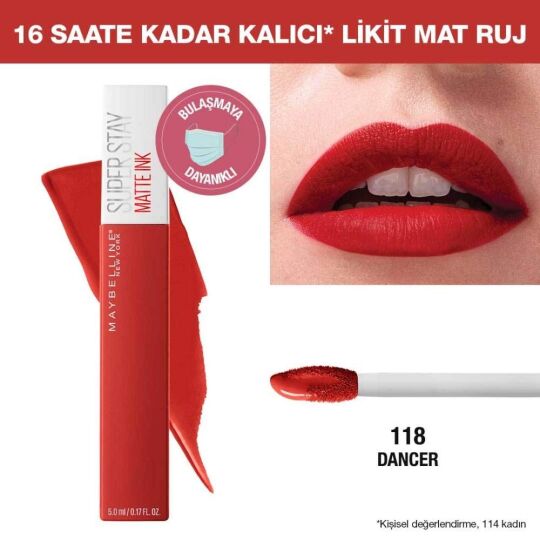 Maybelline New York Super Stay Matte Ink Likit Mat Ruj, 118 Dancer, Kiremit Kırmızı, 5 ml - 2