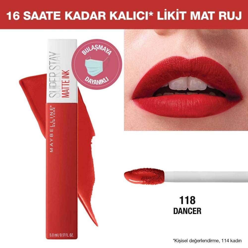 Maybelline New York Super Stay Matte Ink Likit Mat Ruj, 118 Dancer, Kiremit Kırmızı, 5 ml - 2