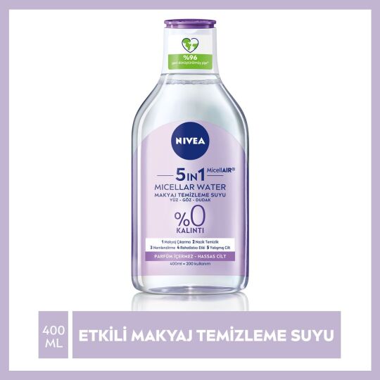 NIVEA 5IN1 Micellar Makyaj Temizleme Suyu Yatıştırıcı ,Hassas Ciltler 400ml, Yüz Temizleyici, Etkili
