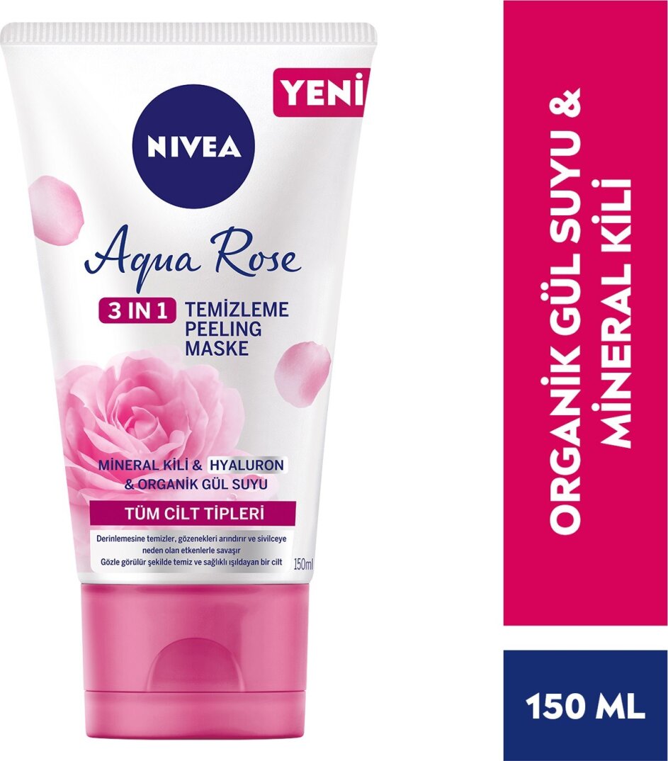 NIVEA Aqua Rose 3ü1 arada Yüz Temizleme Peeling Maske Tüm Ciltler,150ml,Organik Gül Suyu,Hyaluron,Mi - 1