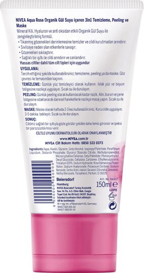 NIVEA Aqua Rose 3ü1 arada Yüz Temizleme Peeling Maske Tüm Ciltler,150ml,Organik Gül Suyu,Hyaluron,Mi - 3