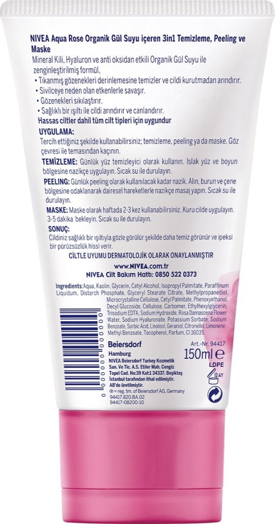 NIVEA Aqua Rose 3ü1 arada Yüz Temizleme Peeling Maske Tüm Ciltler,150ml,Organik Gül Suyu,Hyaluron,Mi - 3