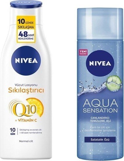 Nivea Aqua Sensatıon Canlandırıcı Yüz Temizleme Jeli 200 ml Q10 Sıkılaştırıcı Vücut Losyonu 250 ml - 1