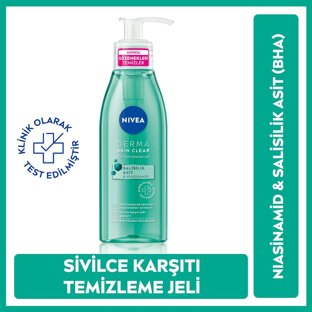NIVEA Derma Skin Clear Niasinamid ve Salisilik Asit (BHA) İçeren Sivilce Karşıtı Yüz Temizleme Jeli - 1