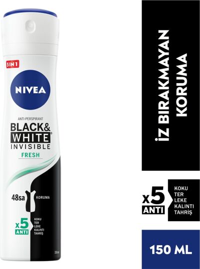 Nivea Kadın Sprey Deodorant Black&White Invisible Fresh, 48 Saat Anti-perspirant Koruma,150ml