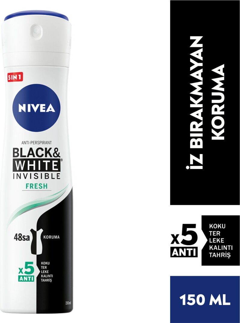Nivea Kadın Sprey Deodorant Black&White Invisible Fresh, 48 Saat Anti-perspirant Koruma,150ml - 1