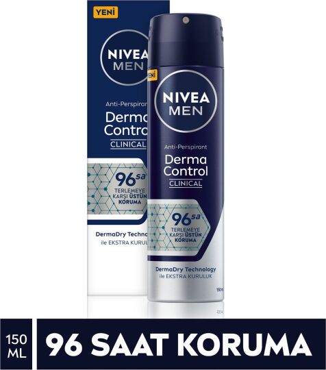 NIVEA Men Derma Control Clinical Erkek Sprey Deodorant 150ml,96 Saat Üstün Koruma,DermaDry Technolog