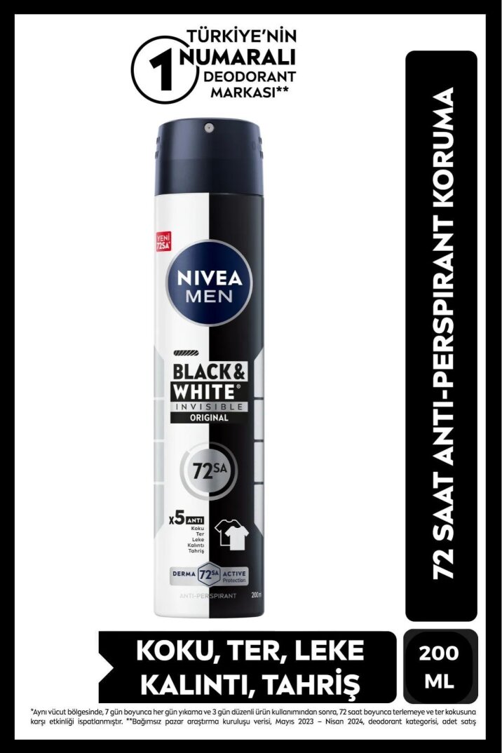 Nivea Men Erkek Sprey Deodorant Black&white Invisible Original 200ml, 72 Saat Anti-Ter Koruması - 1