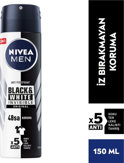 Nivea Men Erkek Sprey Deodorant Black&White Invisible Original Ter ve Ter Kokusuna Karşı 48 Saat 