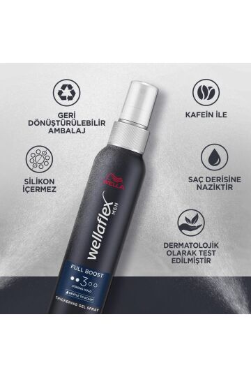 Wella Wellaflex Men Full Boost Kalın Telli Dolgun Görünüm Kafeinli Erkek Jel Saç Spreyi Strong150 ML - 4