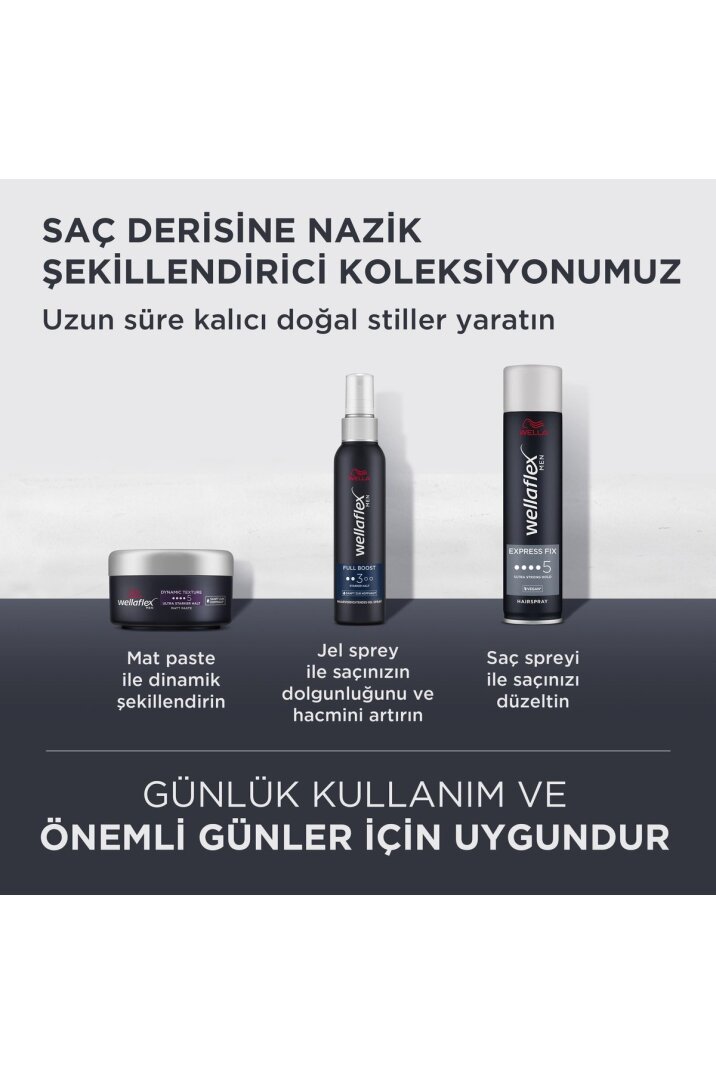 Wella Wellaflex Men Full Boost Kalın Telli Dolgun Görünüm Kafeinli Erkek Jel Saç Spreyi Strong150 ML - 6
